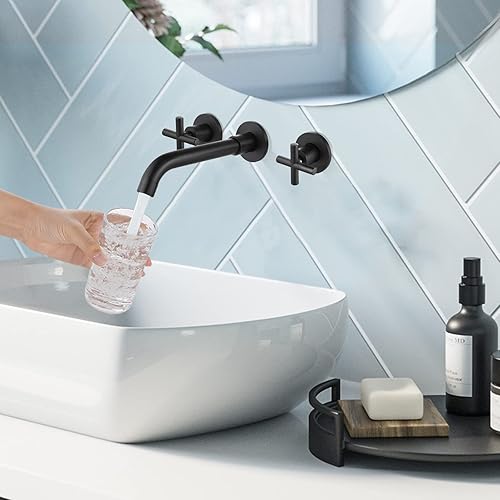 Miniatura 8 de Midanya Grifo de lavabo de baño montado en la pared, doble manija de 3 agujeros, grifo mezclador de lavabo con válvula áspera en doble cruz grifos,