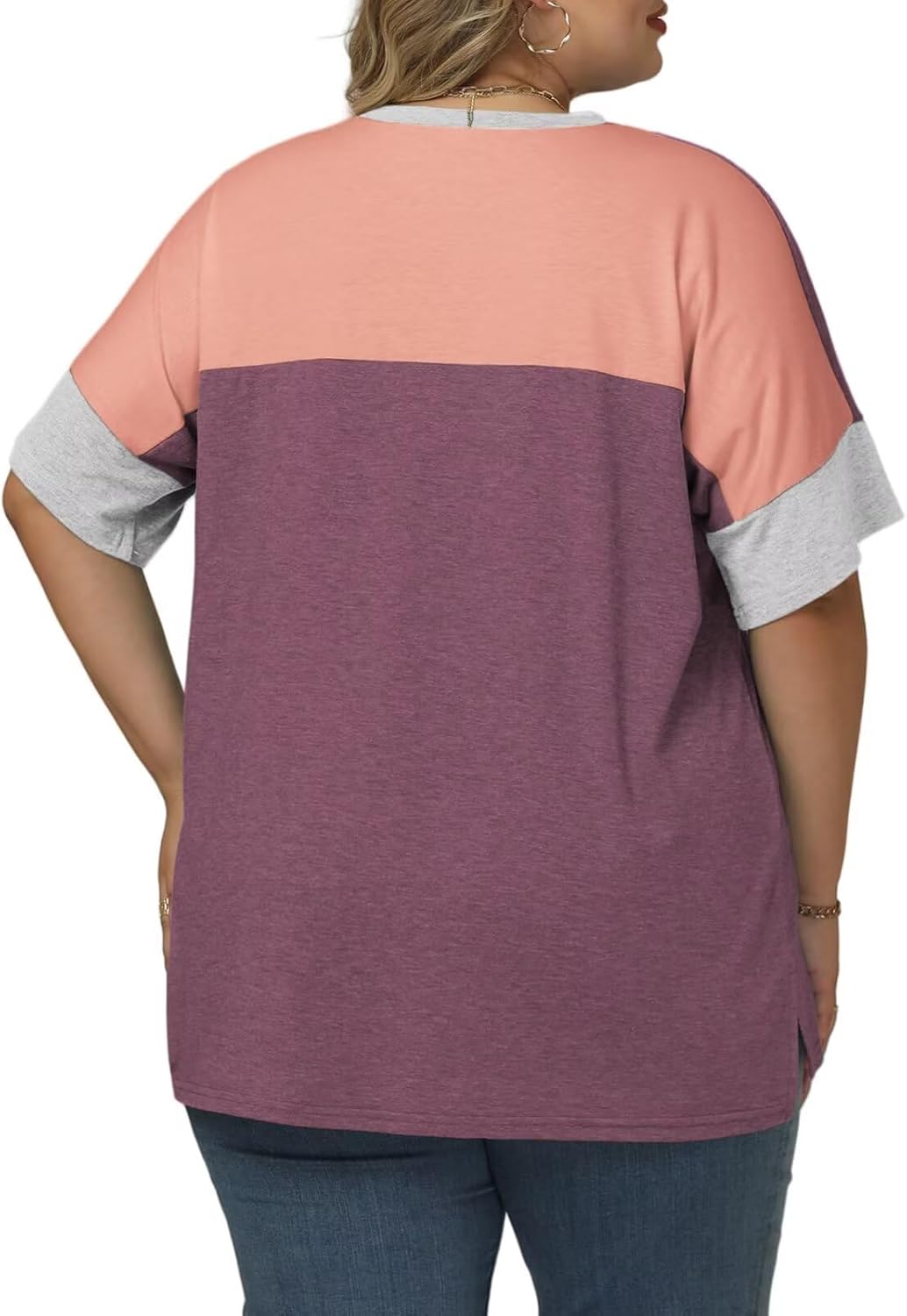 DOLNINE Plus-Size-Tops for Women Summer Color Block Shirts Casual Crewneck Tees Trendy Going Out Side Split Tunics XL-5XL - Image 3
