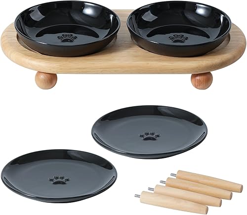 Platos elevados de cerámica para gatos, cuenco para alimentos y agua con 2 estilos de soporte, juego de cuencos elevados ajustables para mascotas,