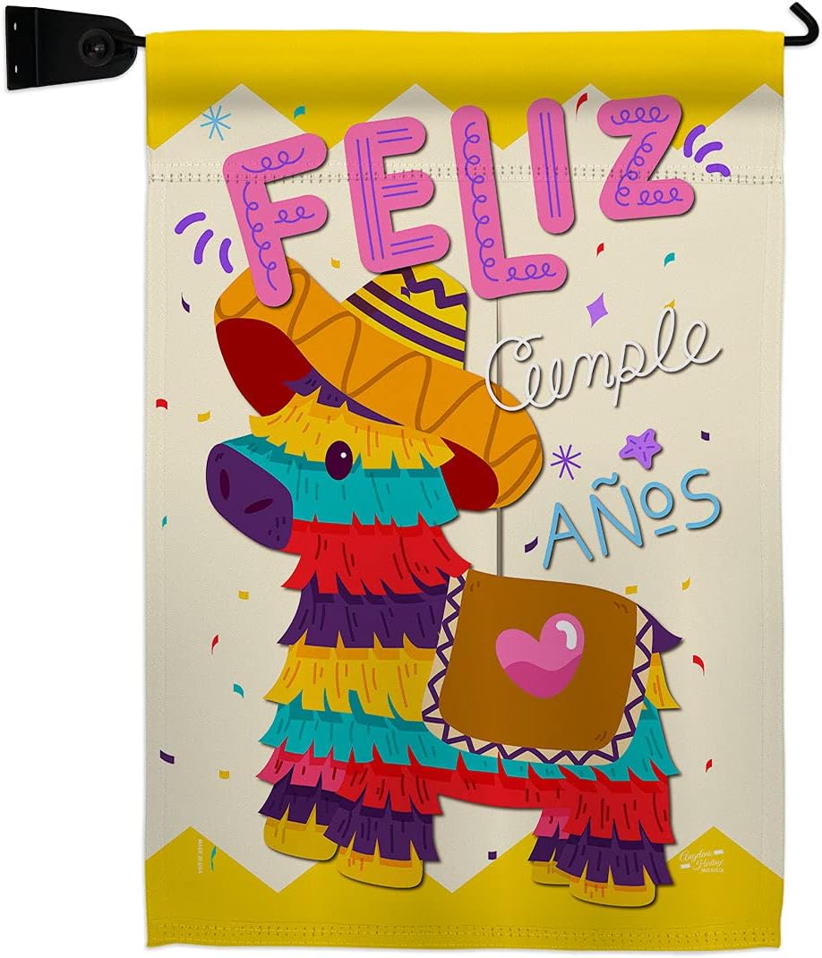 Feliz Cumpleaños Garden Flag Set Wall Holder Celebration Birthday Cake Gift Present Candy Bouquet Occasion Anniversary Party Small Decorative Yard House Banner Made In USA 13 X 18.5