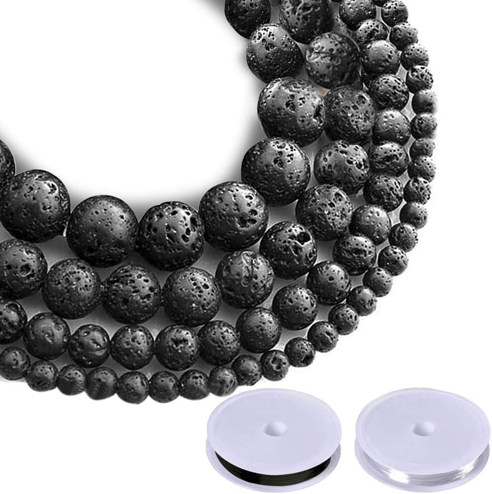 Paxcoo 500pcs Lava Beads Black Lava Rock Beads Kit with Elastic String for Essential Oils Adult Jewelry Making Supplies Bracelets