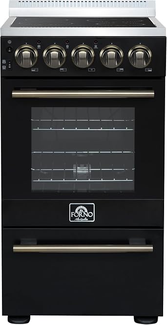 Forno Pallerano 20-Inch Freestanding Electric Range with Antique Brass Knobs and Handles, Compact Design, 4 Burner Elements, 2.05 cu.ft. Oven with Storage Drawer - Black