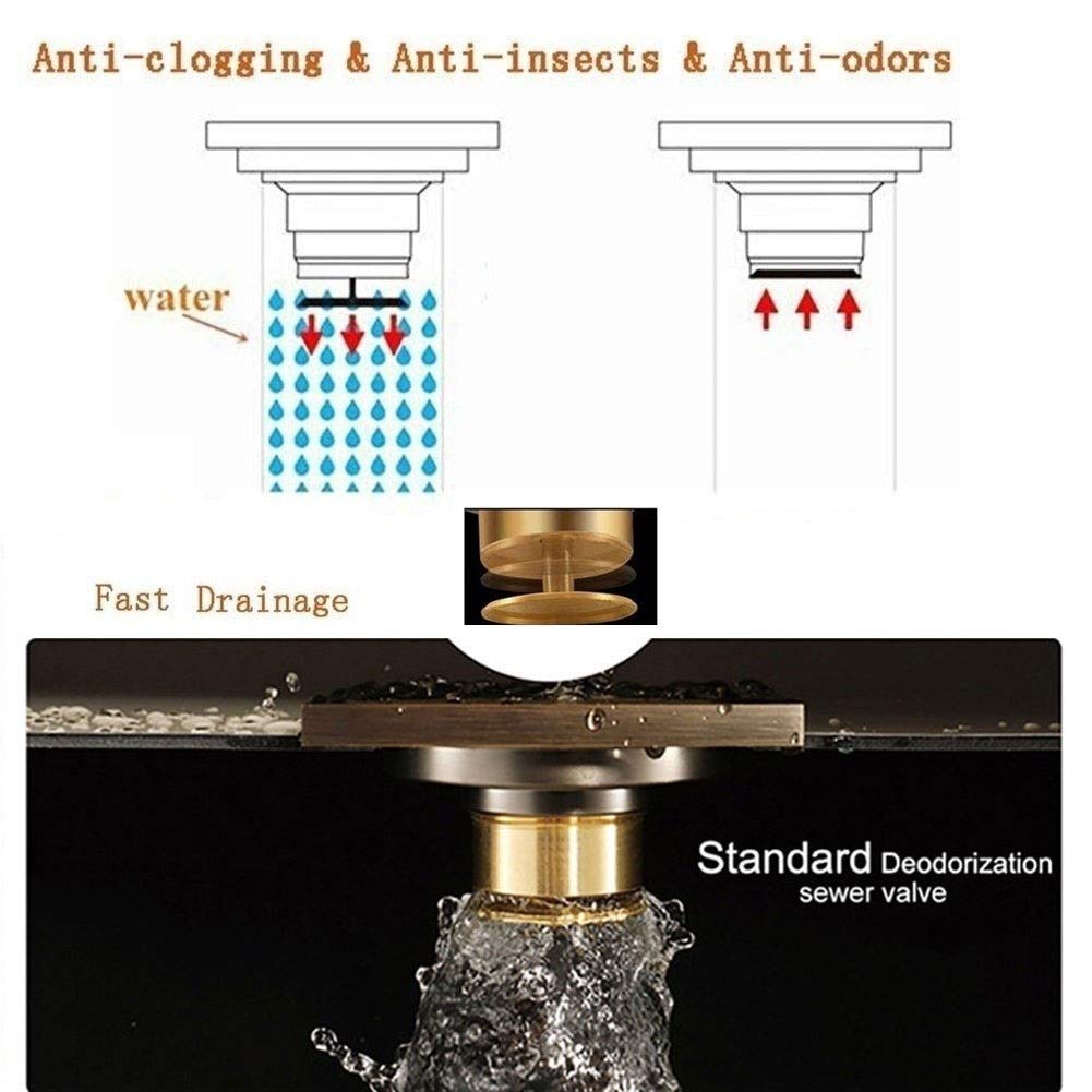 Desagüe de Ducha Cuadrado de latón de 4 Pulgadas con Tapa extraíble, desagüe de baño con Filtro para Cocina, baño, Garaje y sótano (Bronce 3 D)