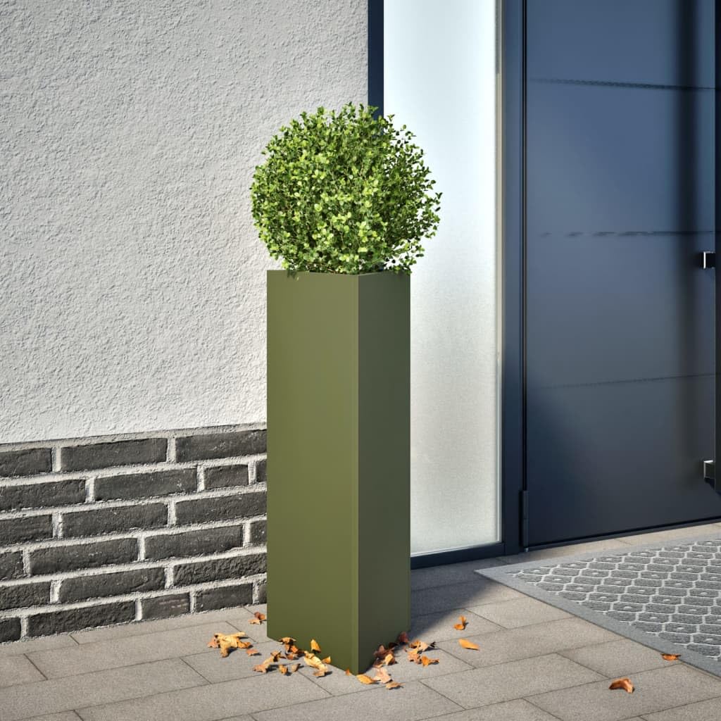 Pflanzkübel 2 STK Olivgrün Dreieckig aus Stahl 30x26x75 cm mit Boden für Garten Balkon Terrasse Indoor Outdoor zur Dekoration und Pflanzenpflege