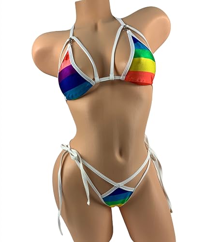 Rainbow Bikini G-String Thong Tie side Bottom Swimwear V-String Panty Triangle Top LGBTQ Rave Outfits Skimpy Bikini Set