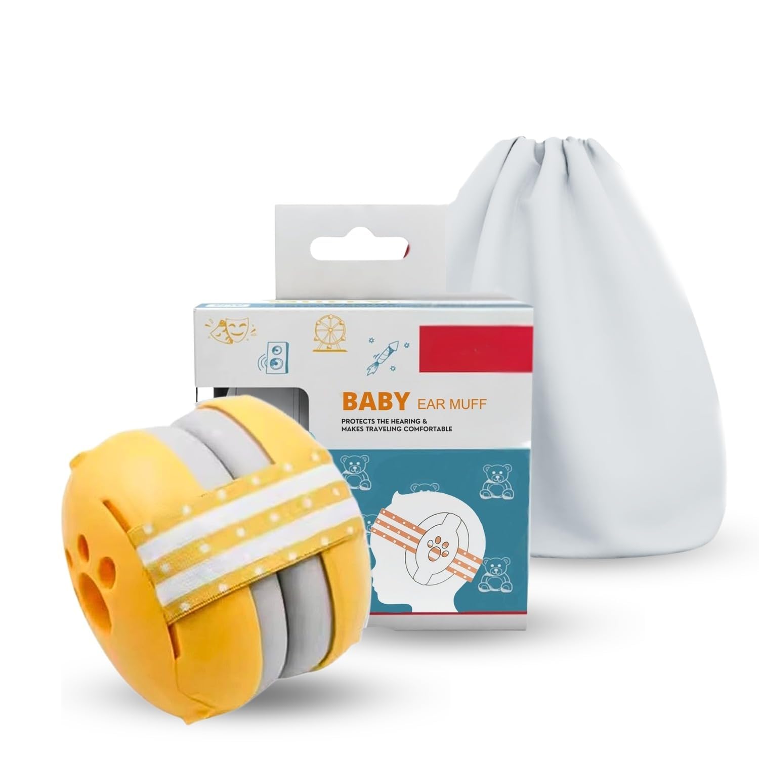 YomauiYee Baby Hearing Protection Earmuffs (0–48 Months) | Passive Noise Reduction | Non-Electronic | Travel Essentials with Carrying Bag Earmuffs for Sleep/Airplane/Outdoor(Paw, Yellow)