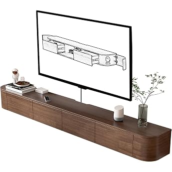 Floating TV Cabinet Mounted TV Stand with Hinged Doors and Side Door TV Bench with Under TV Storage for Bedroom Living Room Brown 200cm