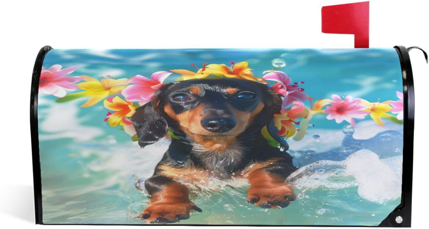 ALAZA Collage with Cute Dachshund Puppy Surfing on Wave Magnetic Mailbox Cover MailWraps Garden Yard Home Decor for Outside Standard Size-18"x 20.8"
