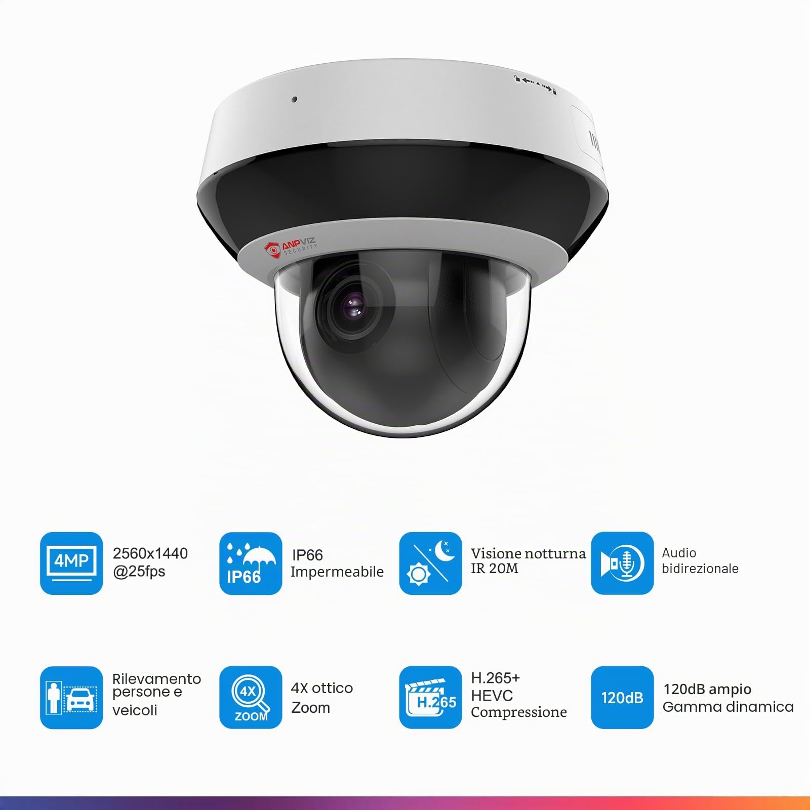 Anpviz 4MP Telecamera PTZ IP PoE Esterno, Zoom Ottico 4X, Riconoscimento di Persone/Veicoli, 30m Visione Notturna a Infrarossi, Slot per Scheda SD da 512GB, Microfono/Altoparlante Integrato(H Series) | Visione Notturna IR 30m, Rilevamento del Movimento, S