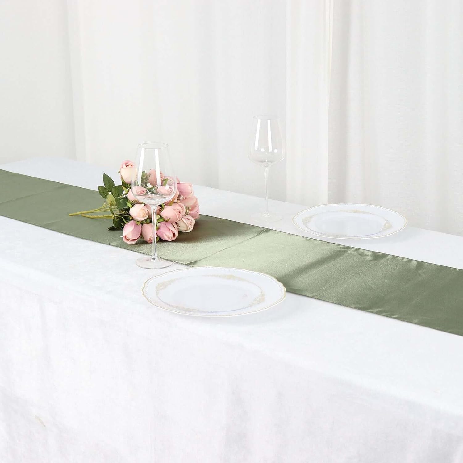 Efavormart Seamless Satin Table Runner for Weddings Birthday Party Decor Fit Rectangle and Round Table 12"X108" Eucalyptus Sage Green