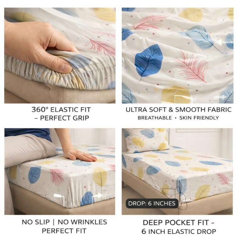 Image of Pure Cotton All Round Elastic Fitted Bedsheets with 1 Pillow Cover | Single Mattress Bed Breathable| Longlasting | Supersoft Size - 36 x 72 + 6 inches (Abstract, Color -Cream Multicolor)