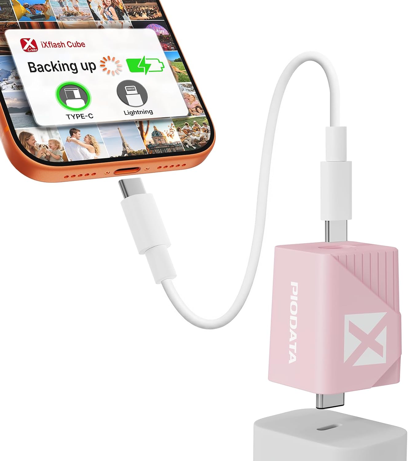 iXflash Cube 256GB USB Flash Drive for iPhone/iPad/Android, Auto Photo Backup While Fast Charging, Apple MFi USB C 3.2 Data Cube Photo Stick Backup Drive, External Hard Drive w/Free APP Pink