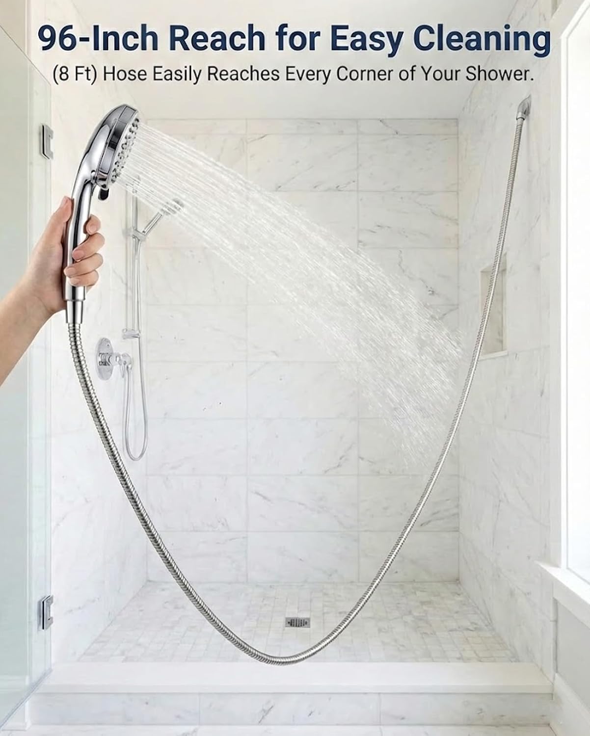 96 Inch Shower Hose, Flexible Stainless Steel Metal Extension Hose with Brass Insert and Nut thumbnail