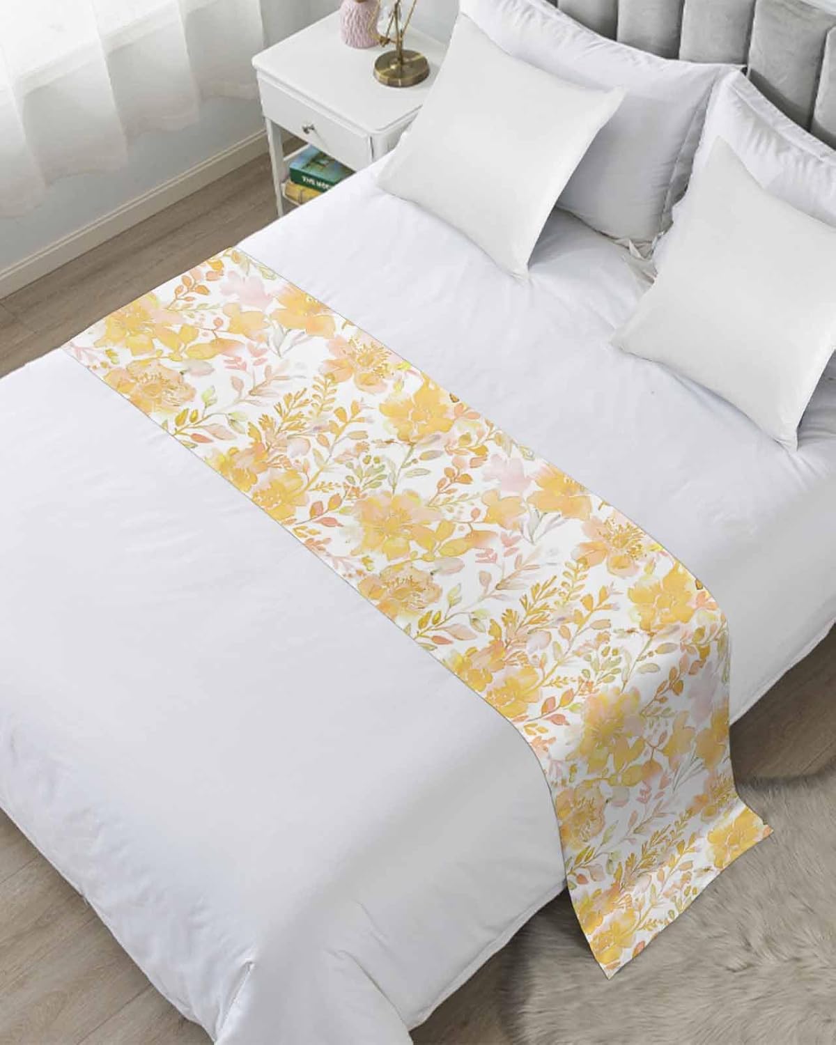 Orang Yellow Floral Bed Runner Scarf Bedding Accessory For Full Size Bed,Soft Bed Scarves And Runners Stainproof Bedroom Decor For Hotel Wedding Room,Abstract Contemporary Leaves Flower Herb 83"x20"