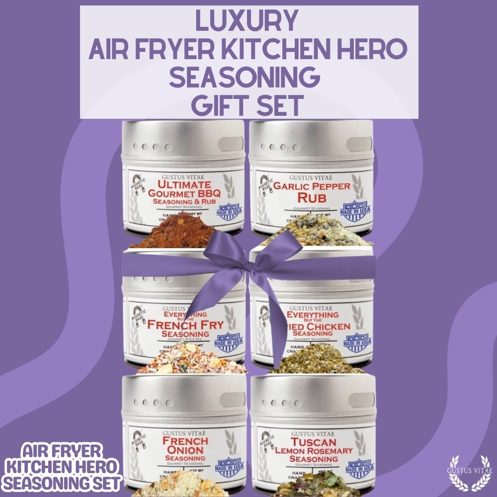 Air Fryer Kitchen Hero Seasoning Set | Authentic Small Batch Seasoning Mixes | 6 Gourmet All Natural Spice Blends Made For Air Frying | Hand Packed, Non GMO | Sustainably Sourced, Made in USA | GLP-1 Friendly | Artisanal Spice Blends, Marinades, and Rubs | Gustus Vitae | All Occasion Gift
