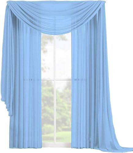 Decotex El elegante juego de cortinas de gasa transparente de 3 piezas incluye 2 paneles y 1 bufanda a juego (120 pulgadas de largo, azul claro)
