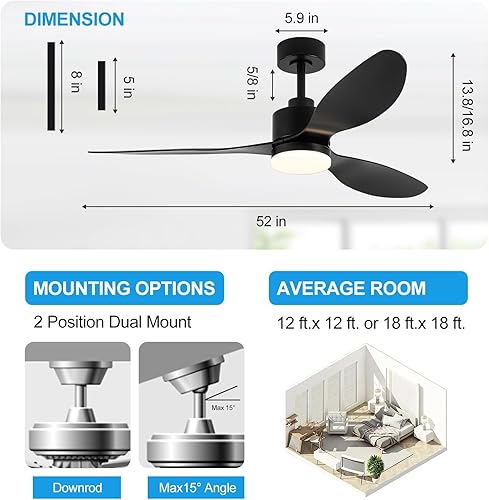 Miniatura 6 de Ventiladores de techo de 52 pulgadas con control remoto de luz LED, ventilador de techo moderno con motor de CC reversible, 3 cuchillas y 3
