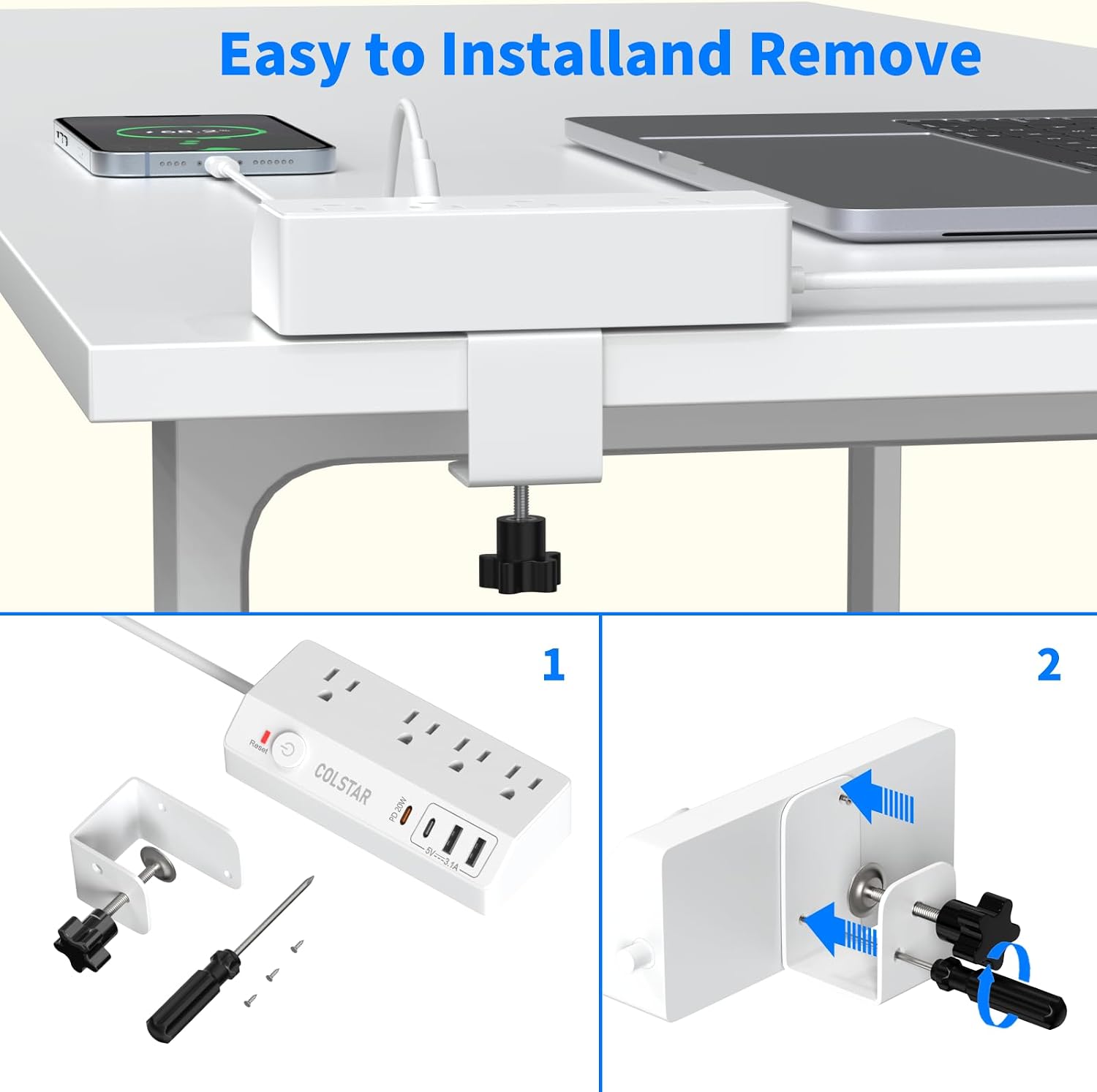 Desk Clamp Power Strip with USB, 20W USB C Fast Charging, Clamps Securely to Desk Edge, Flat Plug & 10FT Extension Cord for Office Home
