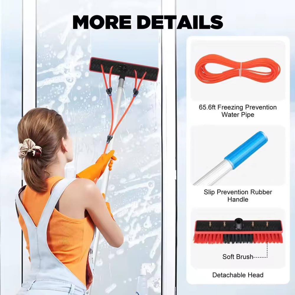 Perche Telescopique à Eau 10m avec Brosse Flexible 55cm | Tête Orientable à 180° | INCL. Flexible Antigel 20m et Accessoires,avec Sac de Rangement| pour Panneaux Solaires,Vitres,Camping-Cars,Bateaux
