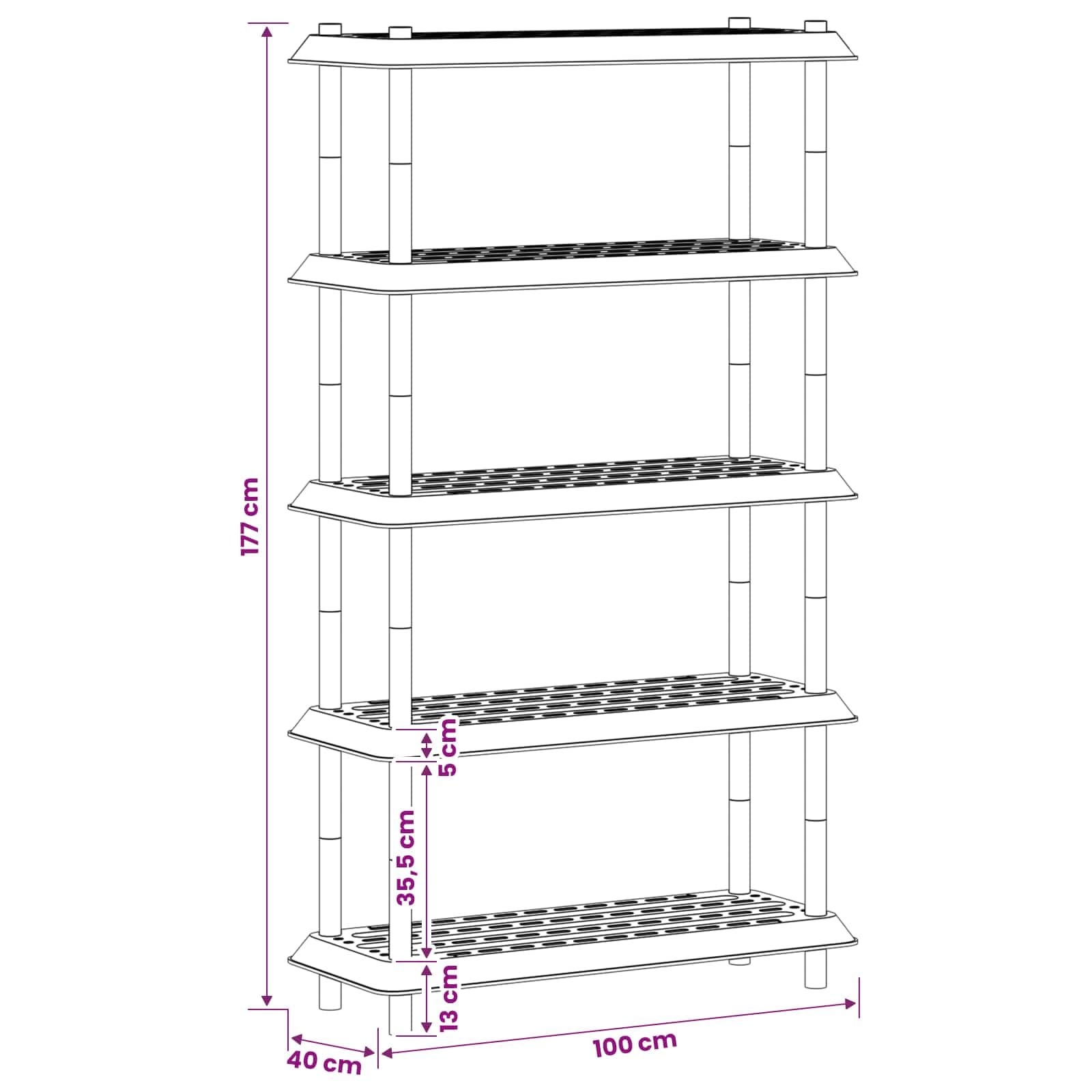 Estantería de 5 niveles, 100 x 40 x 177 cm, de polipropileno resistente, resistente a los rayos UV, para interiores y exteriores, almacenamiento versátil, duradero, fácil montaje, ideal para