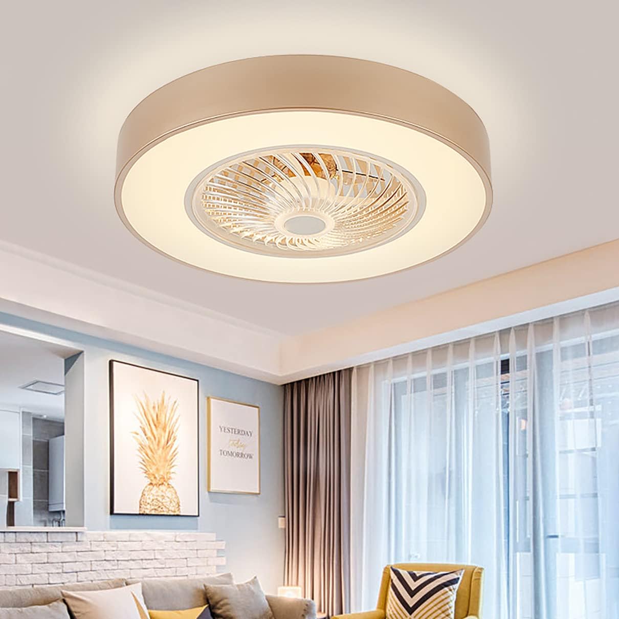 YUEGOO Ceiling Fans with Lamps,72W Fan with Ceiling Light 3 Colors Dimmable Silent Remote Control Bedroom Fan Ceiling Lights Indoor Dining Room Ceiling Fan Light/C