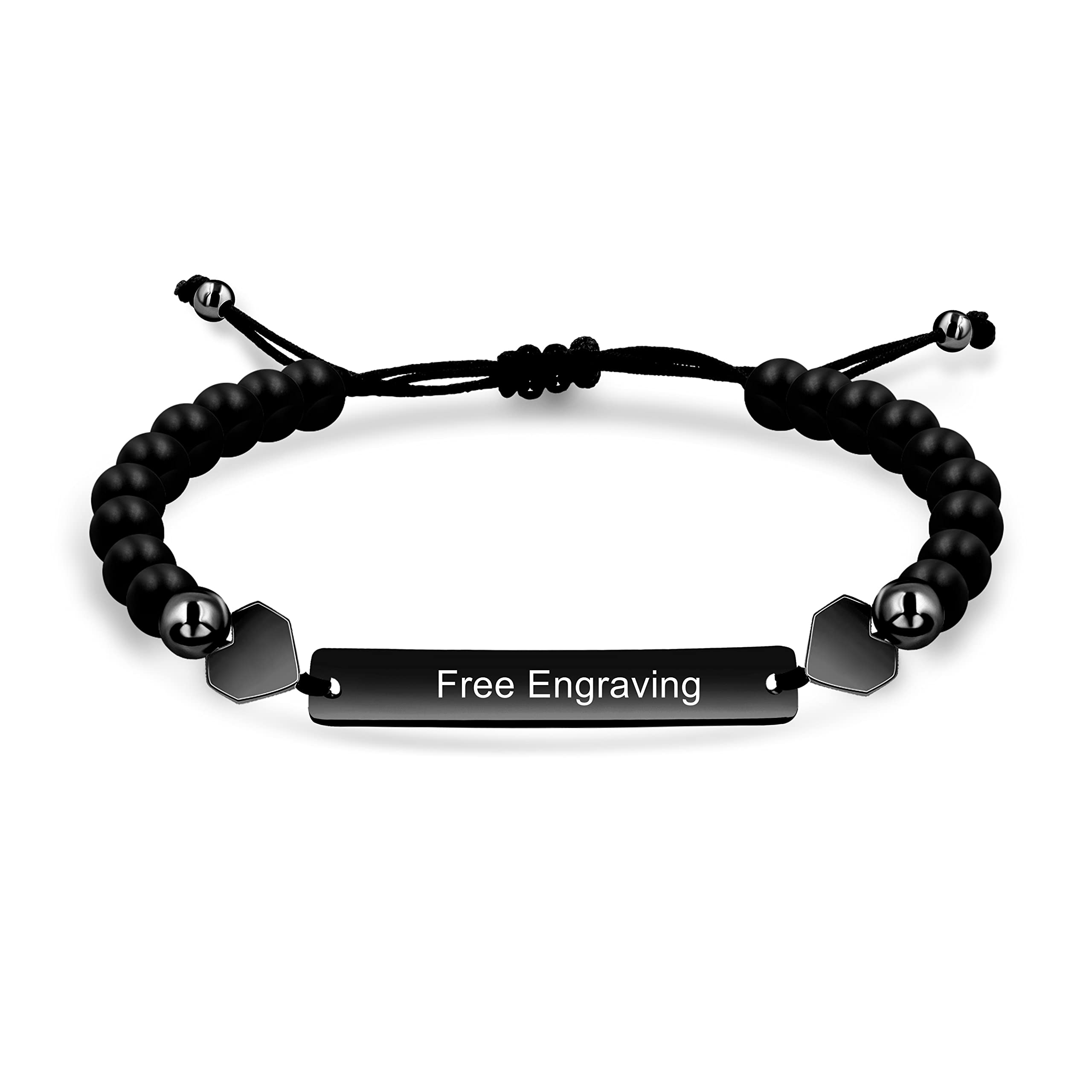 Unisex Handmade Personalized Name Identification Bracelet for Women Mom, Custom Black Agate Beads ID Bracelet for Women Men Best Friends Custom Name