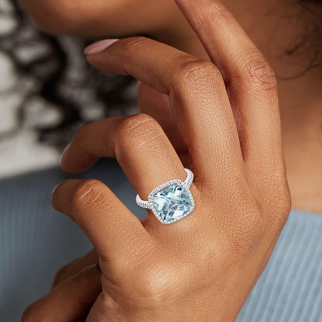 10K 14K 18K Gold Aquamarine Diamond Engagement Rings for Women,Created Aquamarine Rings with Diamonds Gift for Her (I2-I3 Clarity)