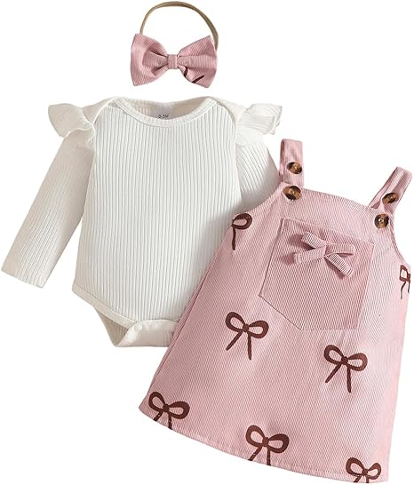 LUVCES Babymeisjes Herfstjurk Outfits met Rüschen, Lange Mouwen Romper, Geruite Rok met Hoofdband, Schattige Kledingset voor Pasgeborenen 0-18M, 3-6 Maanden
