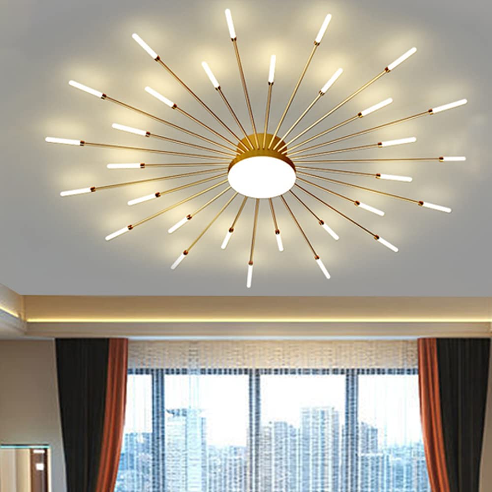 Plafonnier LED dore luxueux 30 lumières style moderne pour grand séjour