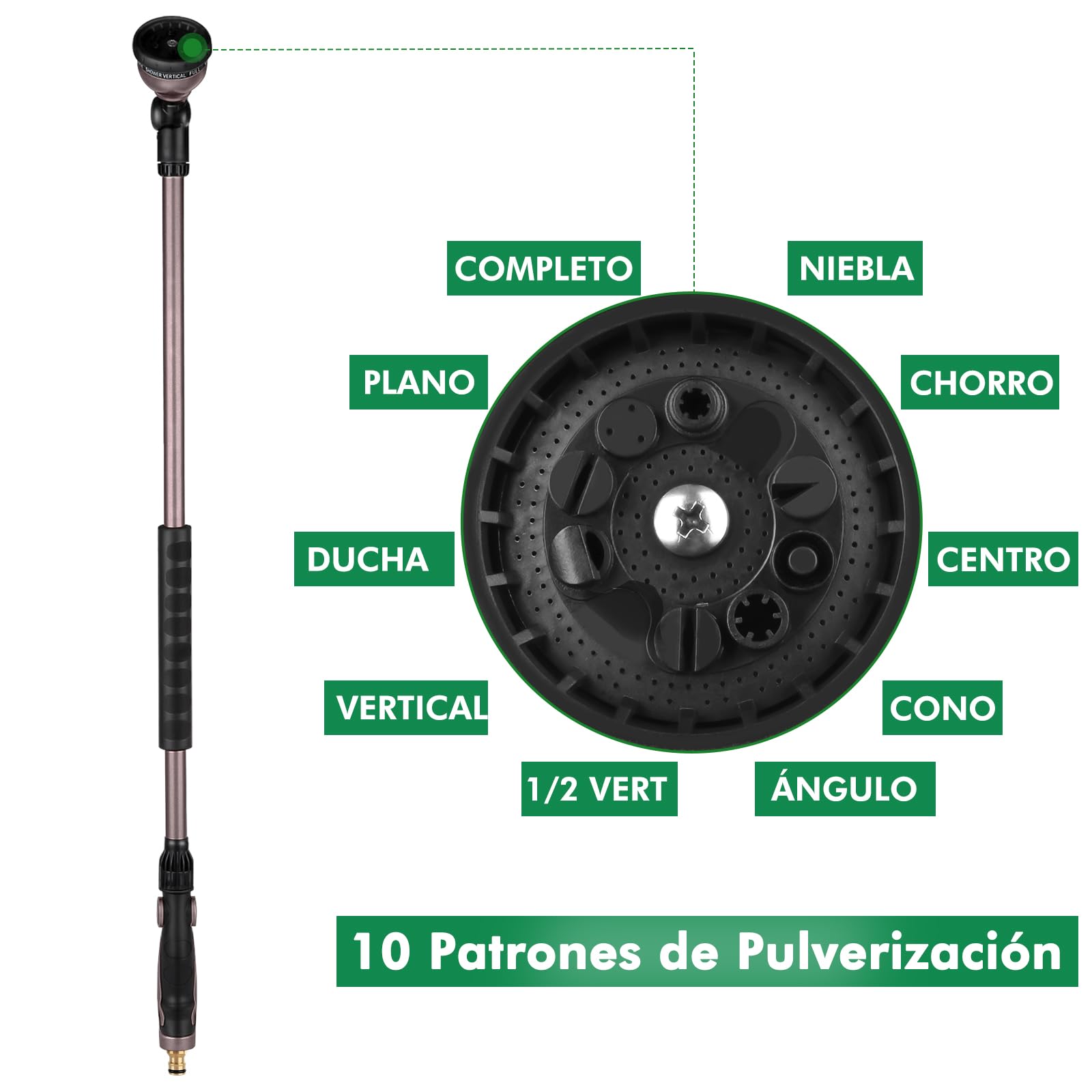 RESTMO 92 cm Lanza de Riego para Jardín de Metal, Largo Ultra Pistola de Riego con Cabezal Giratorio a 180°, 10 Modos de Pulverización Ajustable, Ideal para Macetas Colgantes y Arbustos, Negro