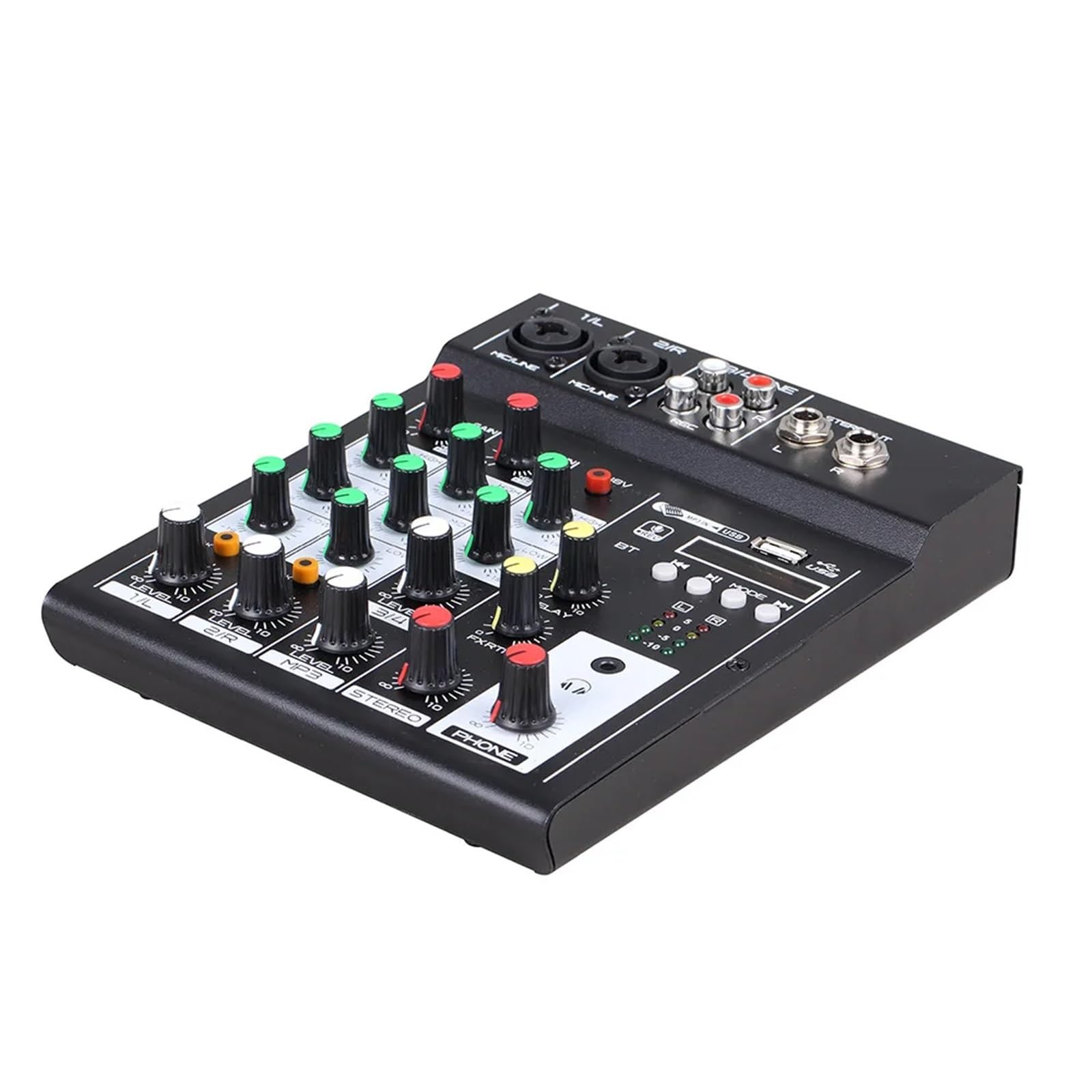 Consolle DJ, Mixer audio-dio a 4 canali Console audio Riproduzione MP3 Console BT Mixer audio-dio digitale Effetto riverbero EQ a 3 bande Alimentatore DC 5V