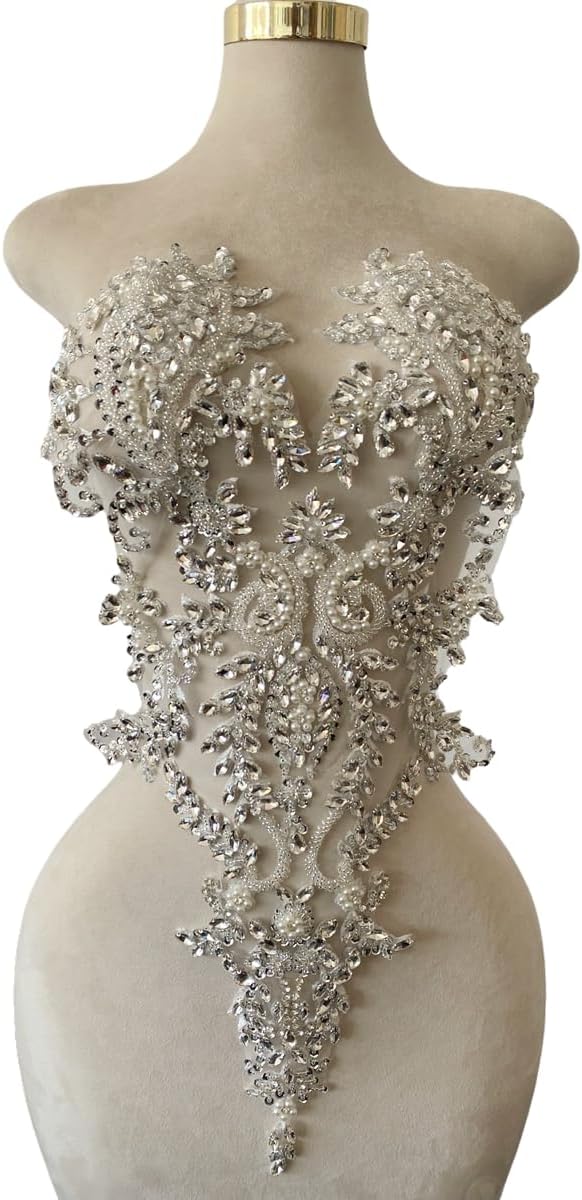 Handmade Bodice Rhinestones Applique Sewing Glass Beads Big Stones Crystal Trim Lace Patches Perfect Decoration Accessories for Dress Clothing (Silver)