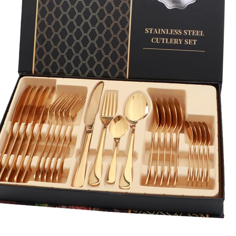 Generic Juego de Cubiertos de Acero Inoxidable, Juego de Cubiertos Brillante de 24 Piezas para el Hogar y el Restaurante (Dorado)