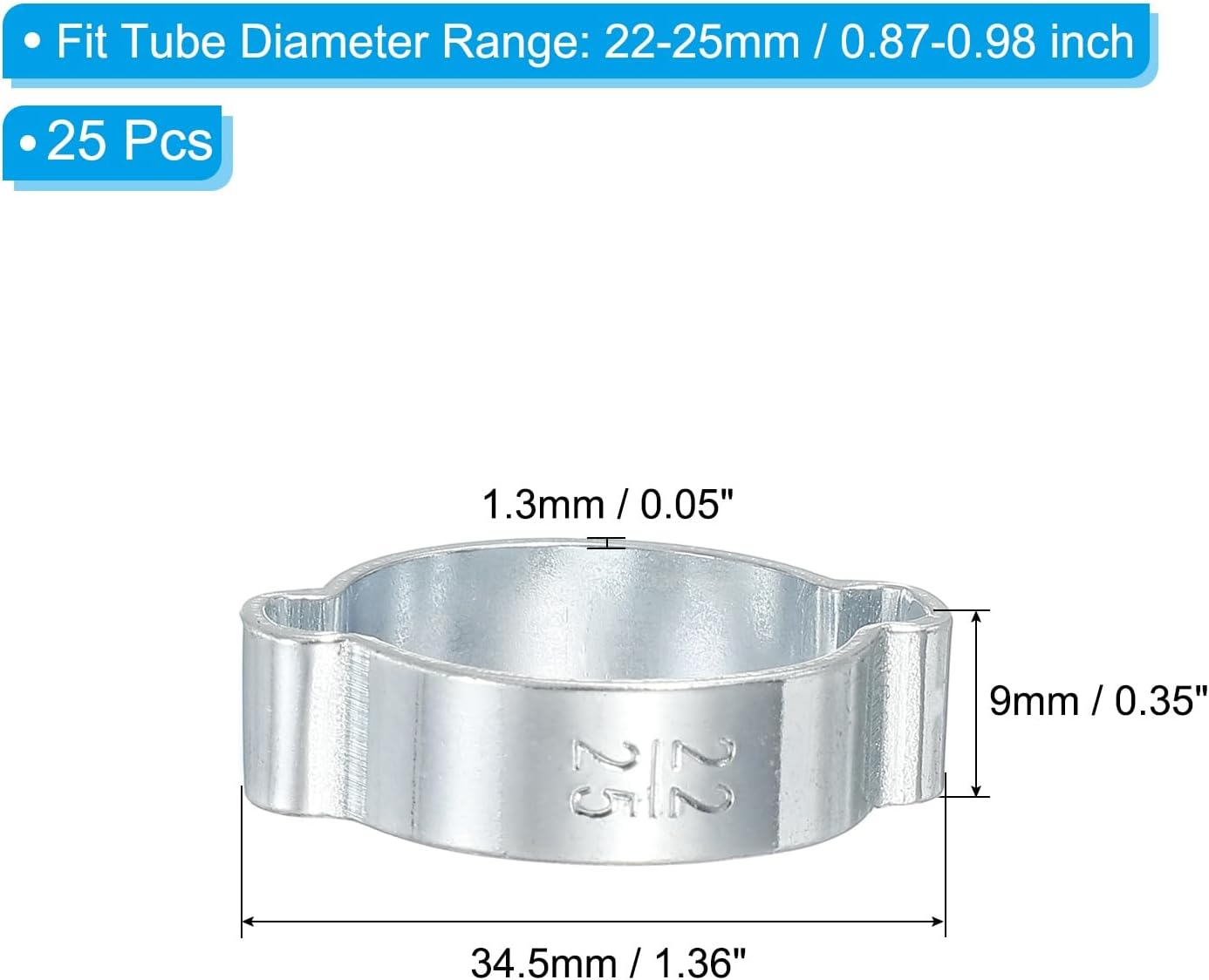 PATIKIL 25 Pack 22-25mm Double Ear Hose Clamp, Galvanized Steel O Clip Crimp Rings for Fuel Petrol Pipe Tube Fitting Connections, Silver Tone