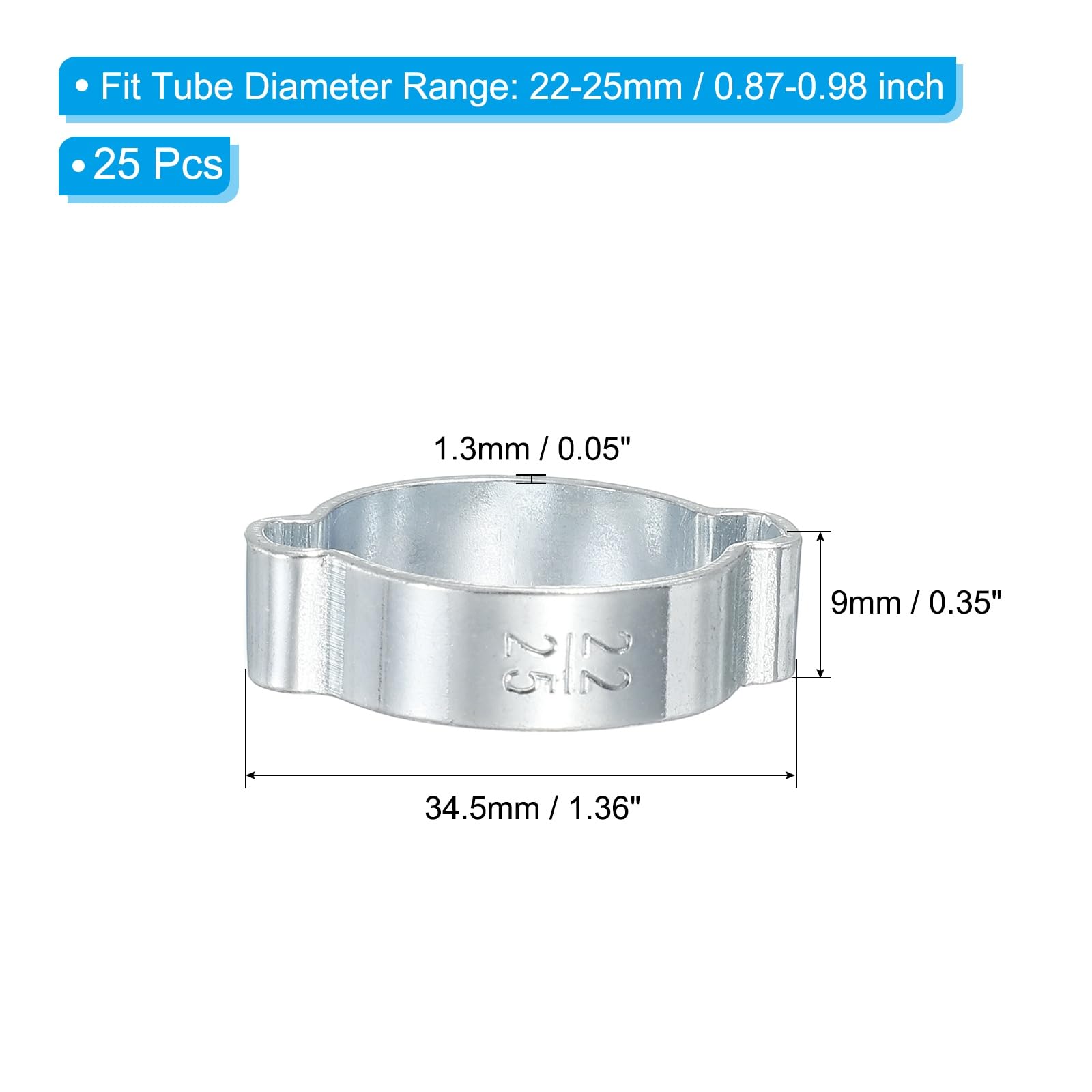 PATIKIL 25 Pack 22-25mm Double Ear Hose Clamp, Galvanized Steel O Clip Crimp Rings for Fuel Petrol Pipe Tube Fitting Connections, Silver Tone - Image 2