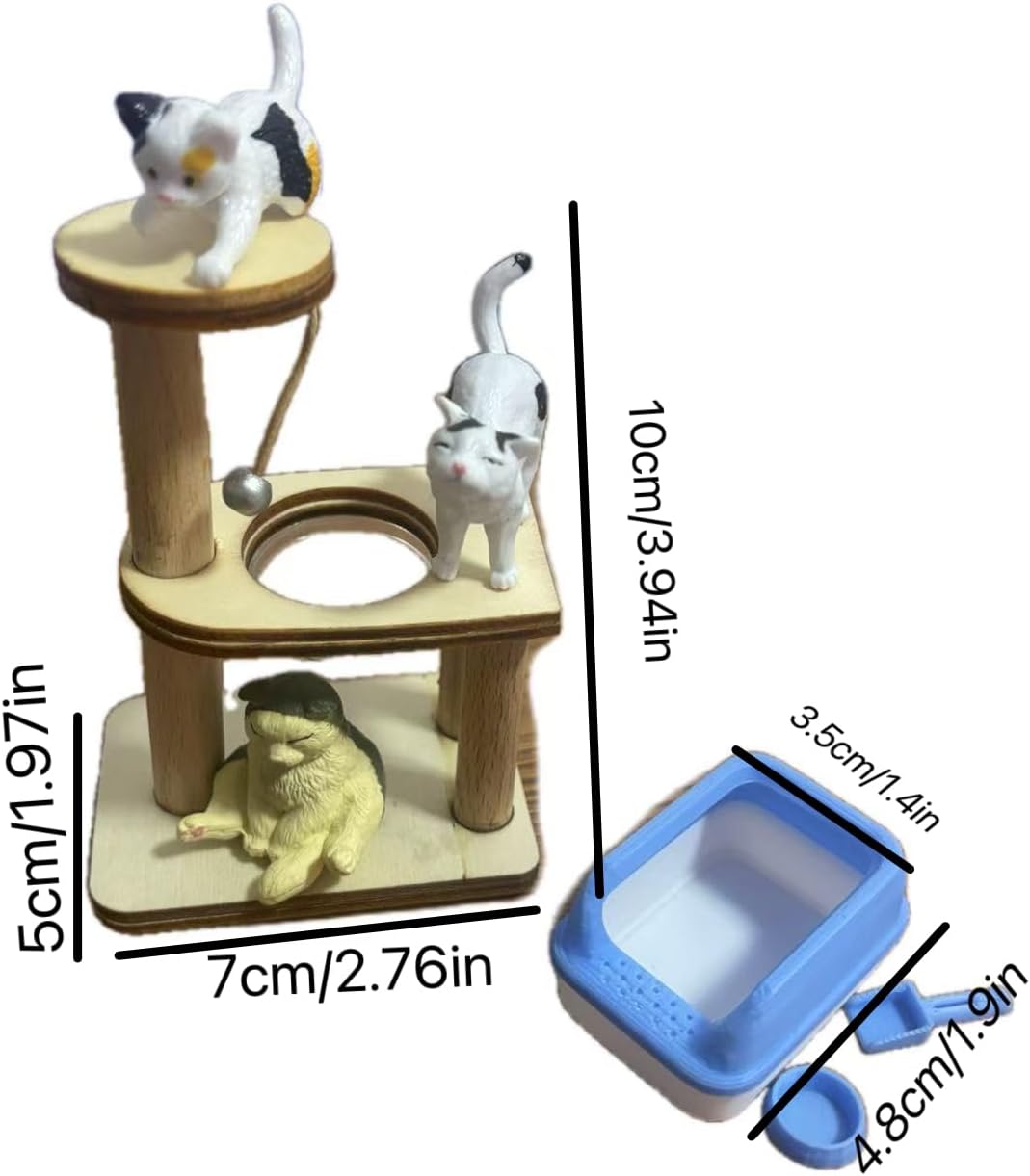 1/12 Scale Accessories Cat Figurines Sets which Including Blue Litter Box,Climbing Tree and 3 Cats - Mini Resin Animals for Dollhouse Decoration and Miniatures Cake Topper