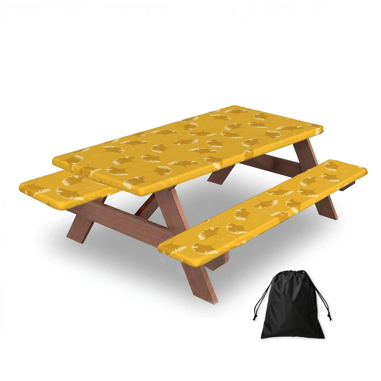Dopklna As Picture Ginkgo Leaves Floral On Yellow Ochre, Picnic Table Cover With Bench Covers -Waterproof Elastic Fitted Tablecloth For Garden Camping Patio 76X152cm