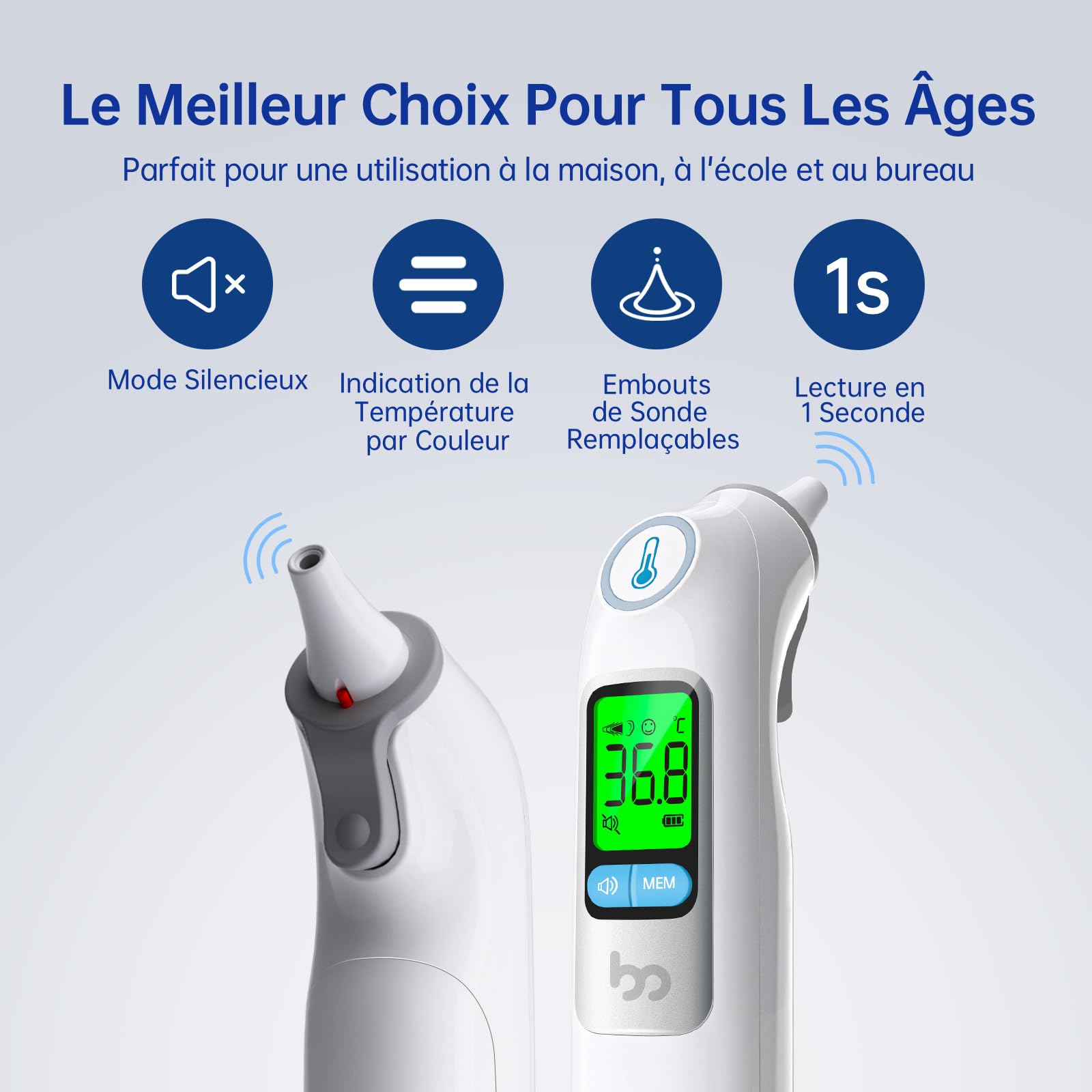 Thermomètre Auriculaire, Précision Professionnelle, Code d'alerte Fièvre à 3 couleurs, Mode Silencieux, Stockage des Lectures, avec 24 Couvre-Sondes Jetables Thermomètre pour Adultes et Bébés