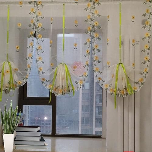 Yamslam 3 Panels Sheer Voile Embroidered Vine Plant Tab Top Rod Pocket Window Shades Kitchen Small Curtain Tie Up Adjustable Balloon Roman Tieback Drape For Cafe Windows Small,Paste Type #TOP5