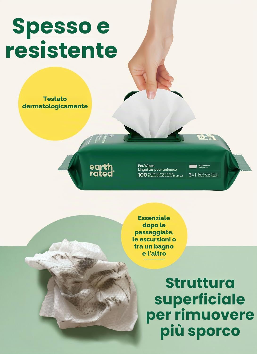 Earth Rated Salviette ipoallergeniche per Cani, puliscono ed eliminano Gli odori da Zampe, Corpo e Sedere, Senza Profumo, 100 Pezzi