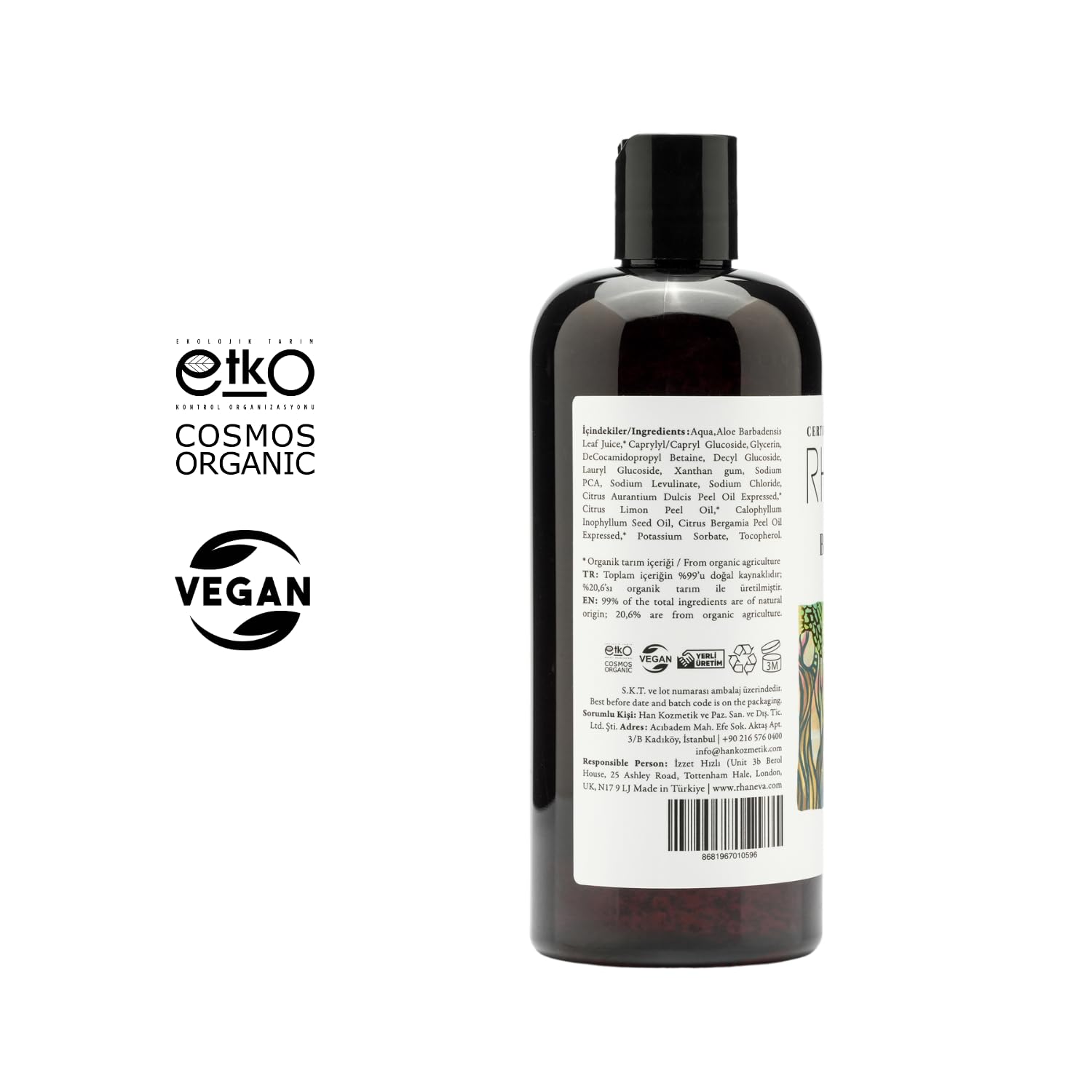RHANEVA Aromaterapik Duş Jeli, Sertifikalı Organik ve Vegan, 400 ml