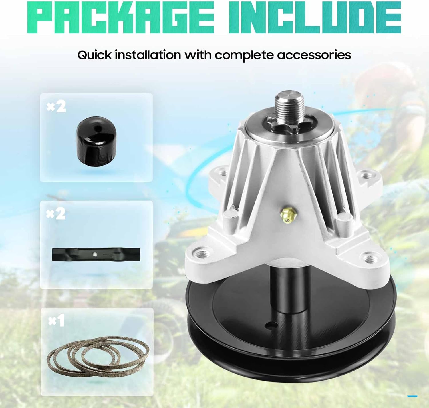 Deck Spindle Blade Belt Kit for MTD Columbia Troy Bilt 42 inch LT4200 M115-42 T1000 T1400 T1800 Bronco Pony, Includes 618-06991 918-06991 Spindle, 742-04308 742-04312 Blade, 753-08171 Belt