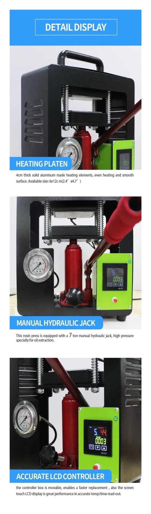 Prensa de Calor, Prensa térmica de colofonia hidráulica de 7 toneladas, AP2047 con placa calefactora doble de 2,4 "x 4,7" y manómetro, herramienta portátil de extracción de cera de aceite