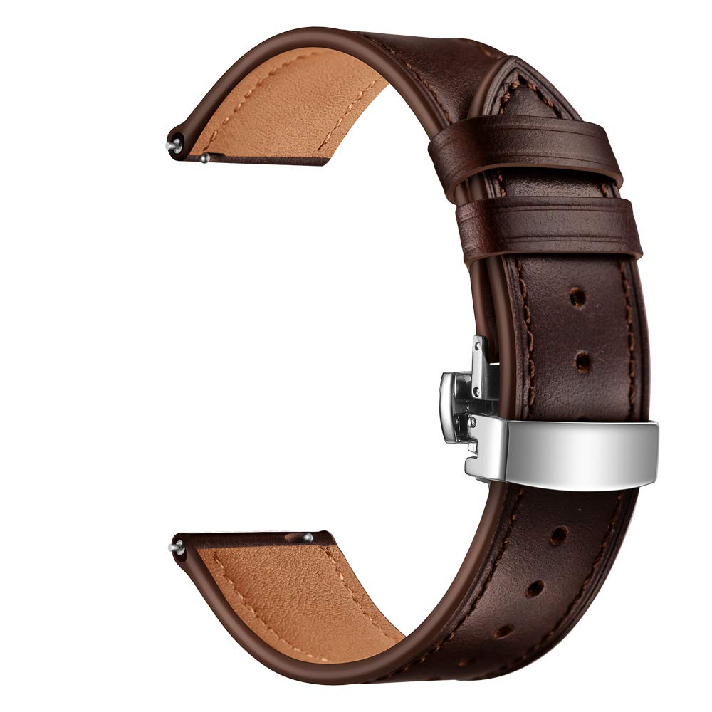 Bracelet en cuir de vache marron café 20mm avec boucle papillon argentée pour montre