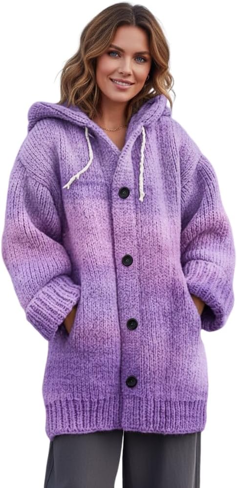 Womens Winter Floral Knit Thick Cardigan Coat Fall Drawstring Button Down Long Sleeve Warm Sweater Hoodie with Pocket