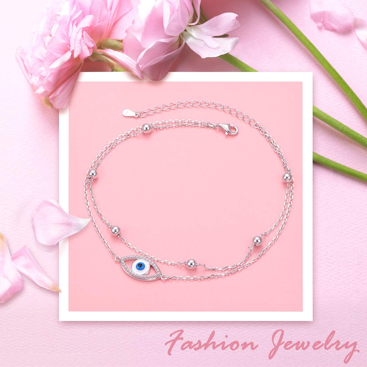 Cavigliera in argento sterling 925, con ciondoli a forma di occhio di Allah e mano di Fatima/farfalla/croce/nodo celtico/cuore, per donne e ragazze, regolabile, 22,8-25,4-28 cm, Argento sterling,