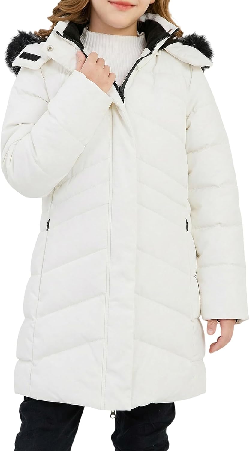 Gihuo Girl's Winter Coat Fleece Lined Long Quilted Puffer Jacket Warm Parka with Faux Detachable Hood