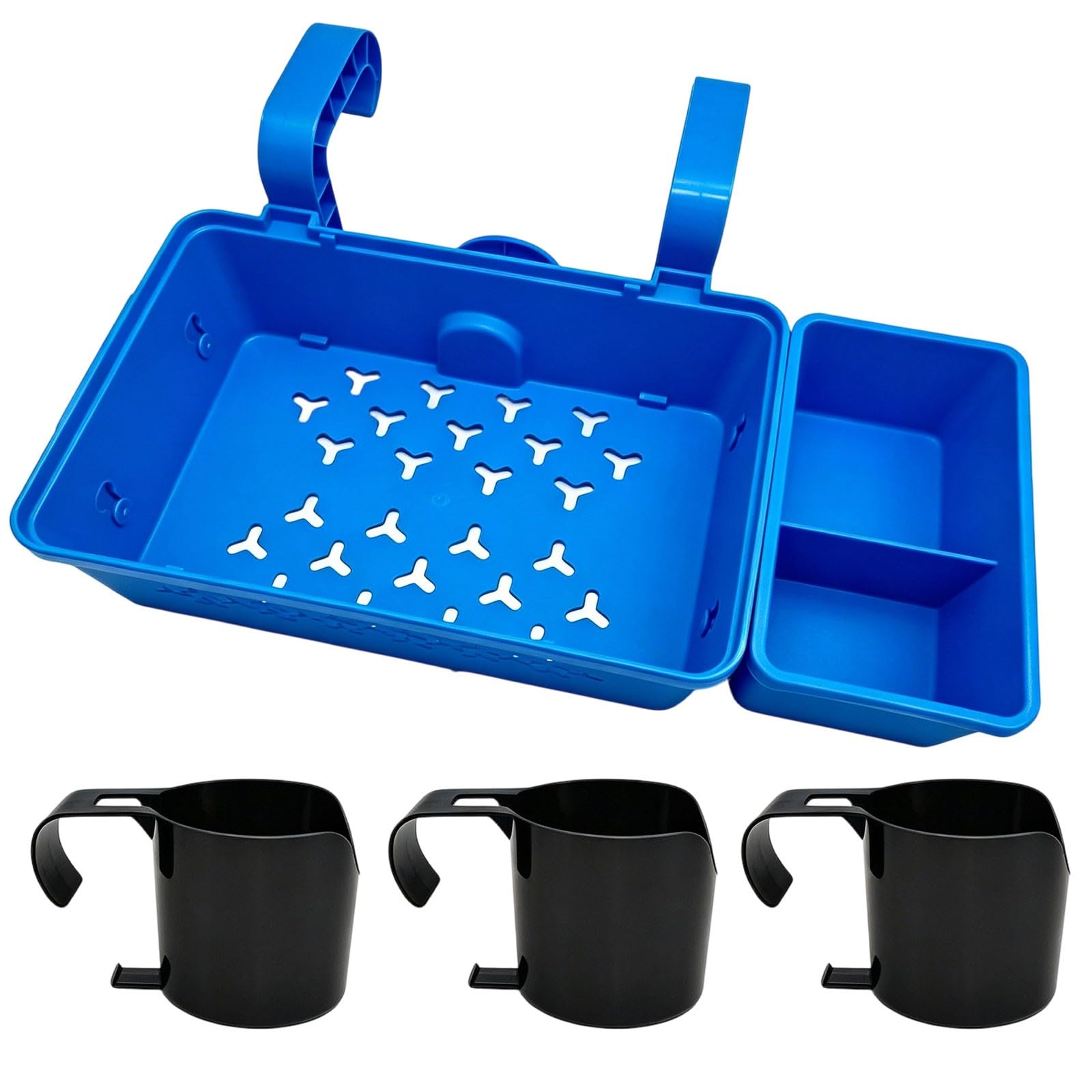 Poolside Storage Basket with Cup Holders & Hanging Hook Large Capacity Swimming Pool Accessories Organiser Hangable Basket Ideal for Deck Storage and Beverage Management (Blue+3Black)