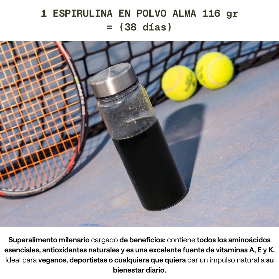 ALMA® Espirulina en Polvo 116 g | 100% Pura (Ingrediente Único) | Spirulina Vegana, Sin Gluten, Sin Azúcares Añadidos y Hecha en España | Superalimento Verde para agua, Zumos y Batidos