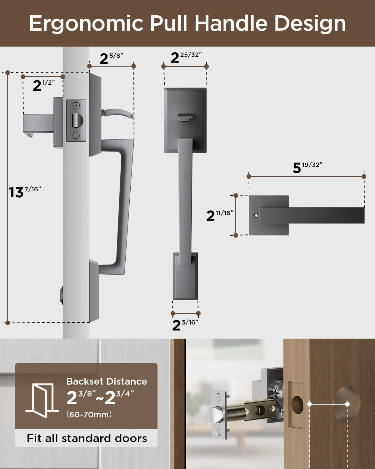 TCL Front Door Handle Set for D2 Series Smart Lock, Exterior Handleset with Interior Reversible Lever, Non-Locking, Fits Standard Doors, Dark Grey